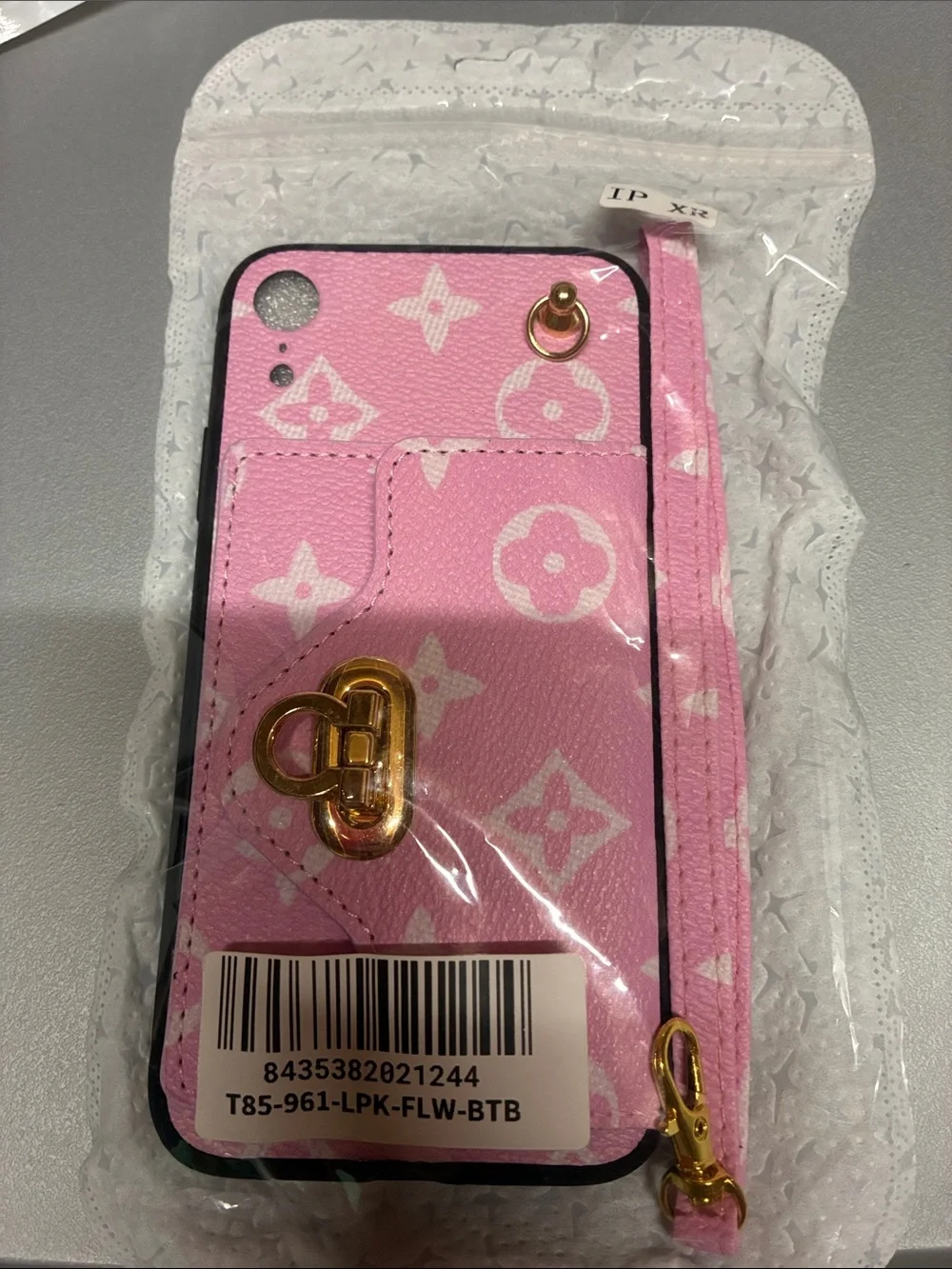 iPhone XR Pink Designer-Style Phone Case with Gold Hardware and Wrist Strap